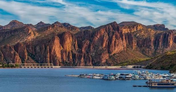 Scenic view of Saguaro Lake surrounded by Sonoran Desert mountains in Arizona
